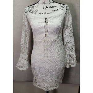 Missguided Bodycon Dress‎ Women's 6 White Lace Floral Boat Neck Lace-Up Back Zip